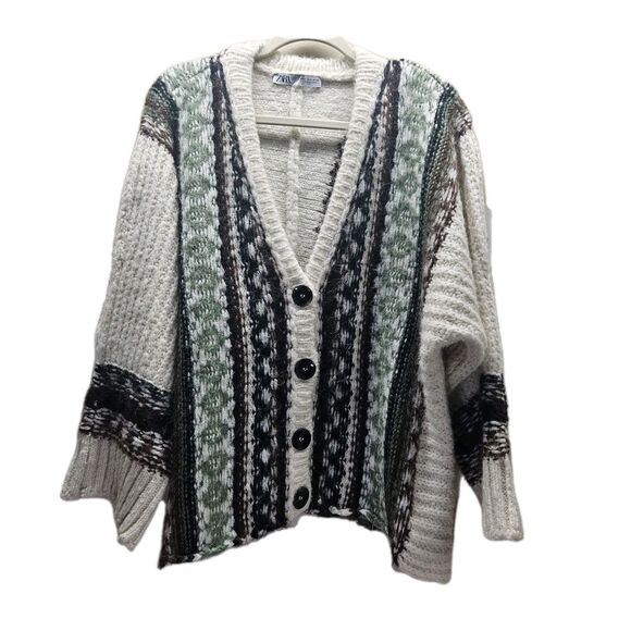 Zara Womens Sweater Small Ivory Knit Cardigan Oversized Granny - Picture 1 of 14